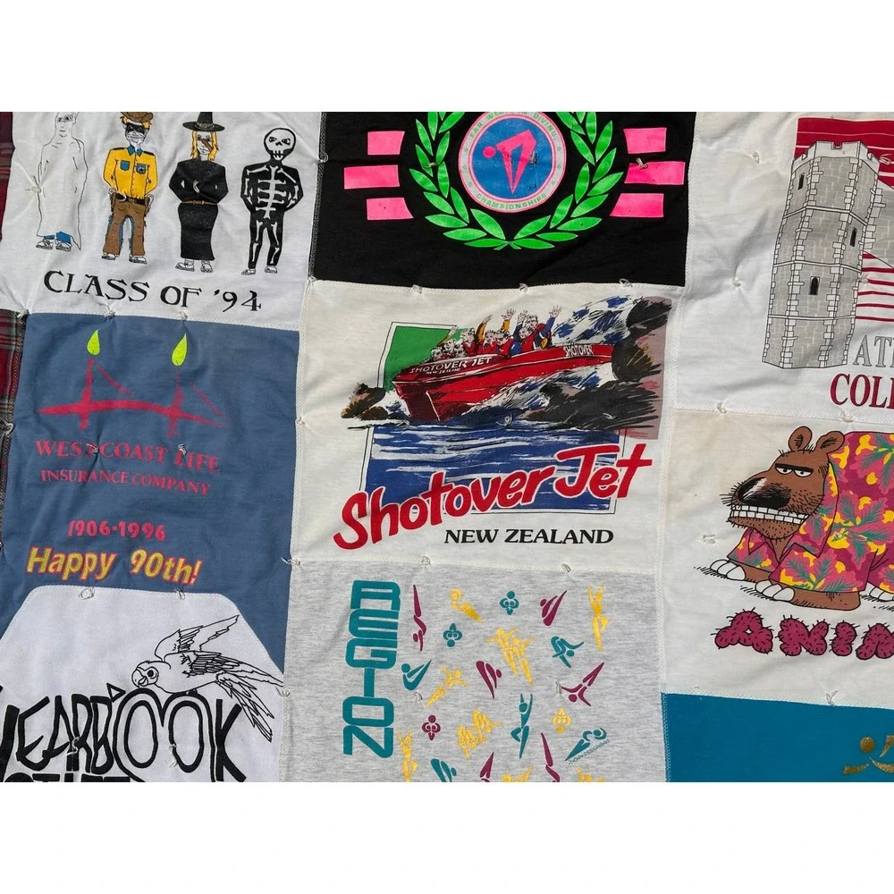 Vtg 90s Graphic T-Shirt Quilt Handmade Patchwork Blanket Levis Bart College
